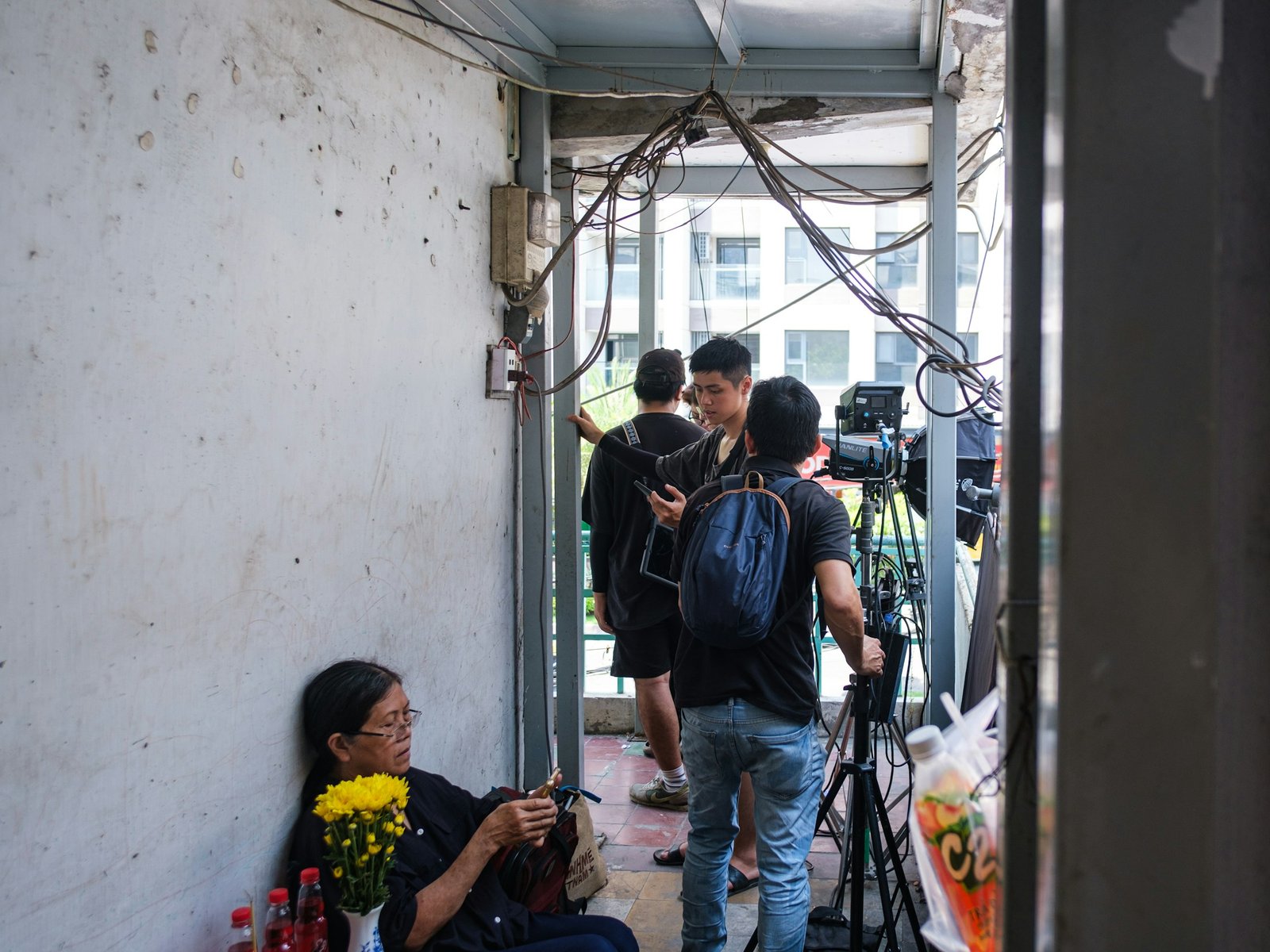 A documentary crew filming on location